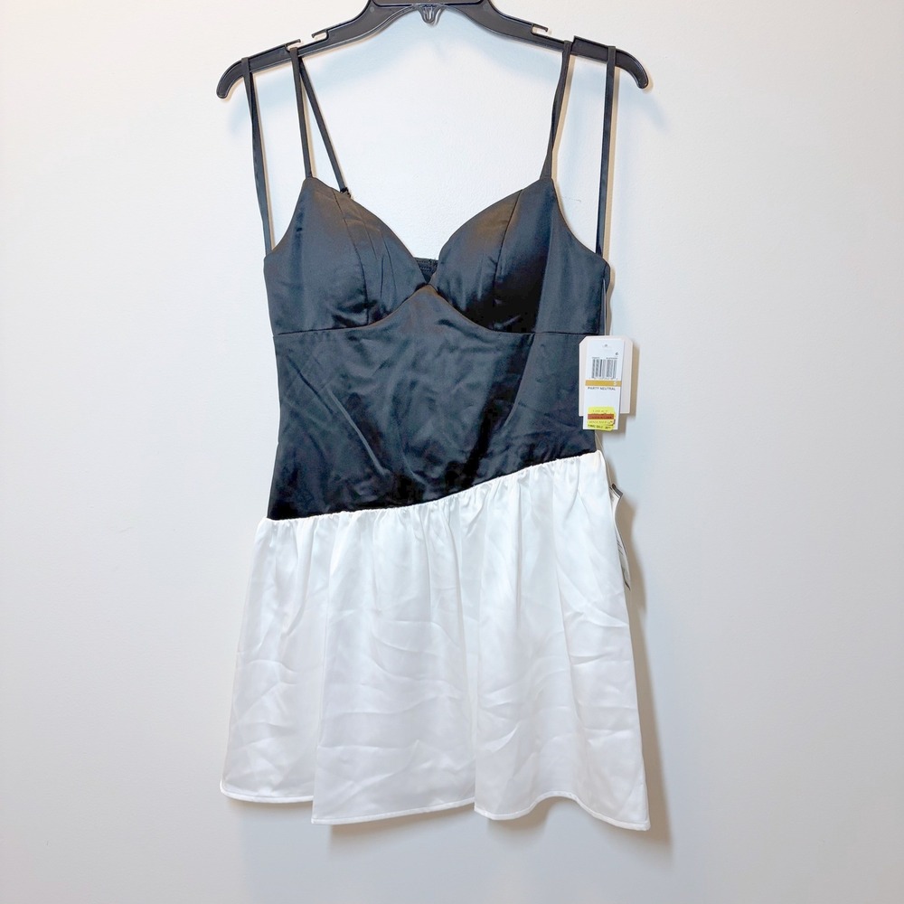 City Studios Black White Satin Mini Dress Sweetheart Neck Two Tone Party NWT 7